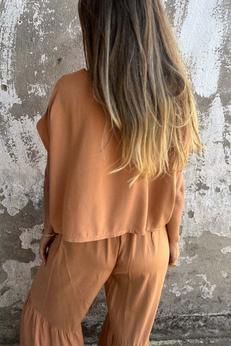 Casual Solid Color Pocket Lace Up Flounce O Neck Short Sleeve Two Pieces
