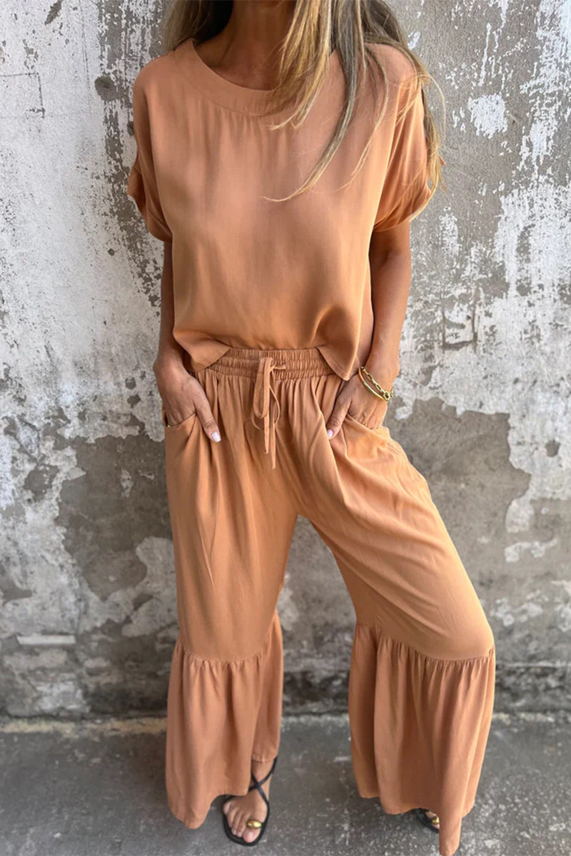 Casual Solid Color Pocket Lace Up Flounce O Neck Short Sleeve Two Pieces