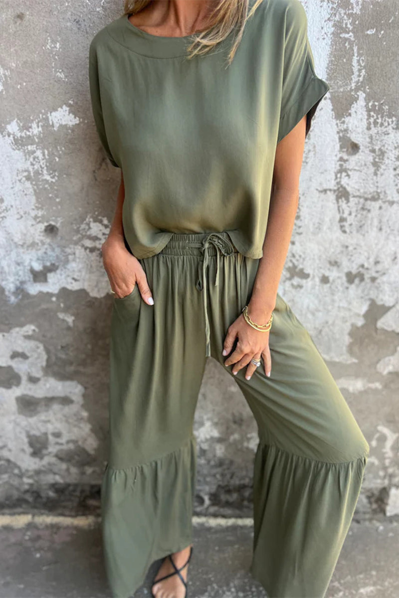 Casual Solid Color Pocket Lace Up Flounce O Neck Short Sleeve Two Pieces