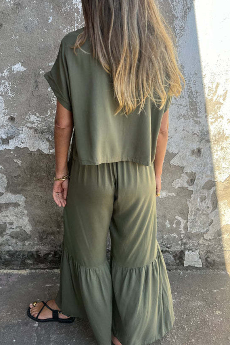 Casual Solid Color Pocket Lace Up Flounce O Neck Short Sleeve Two Pieces