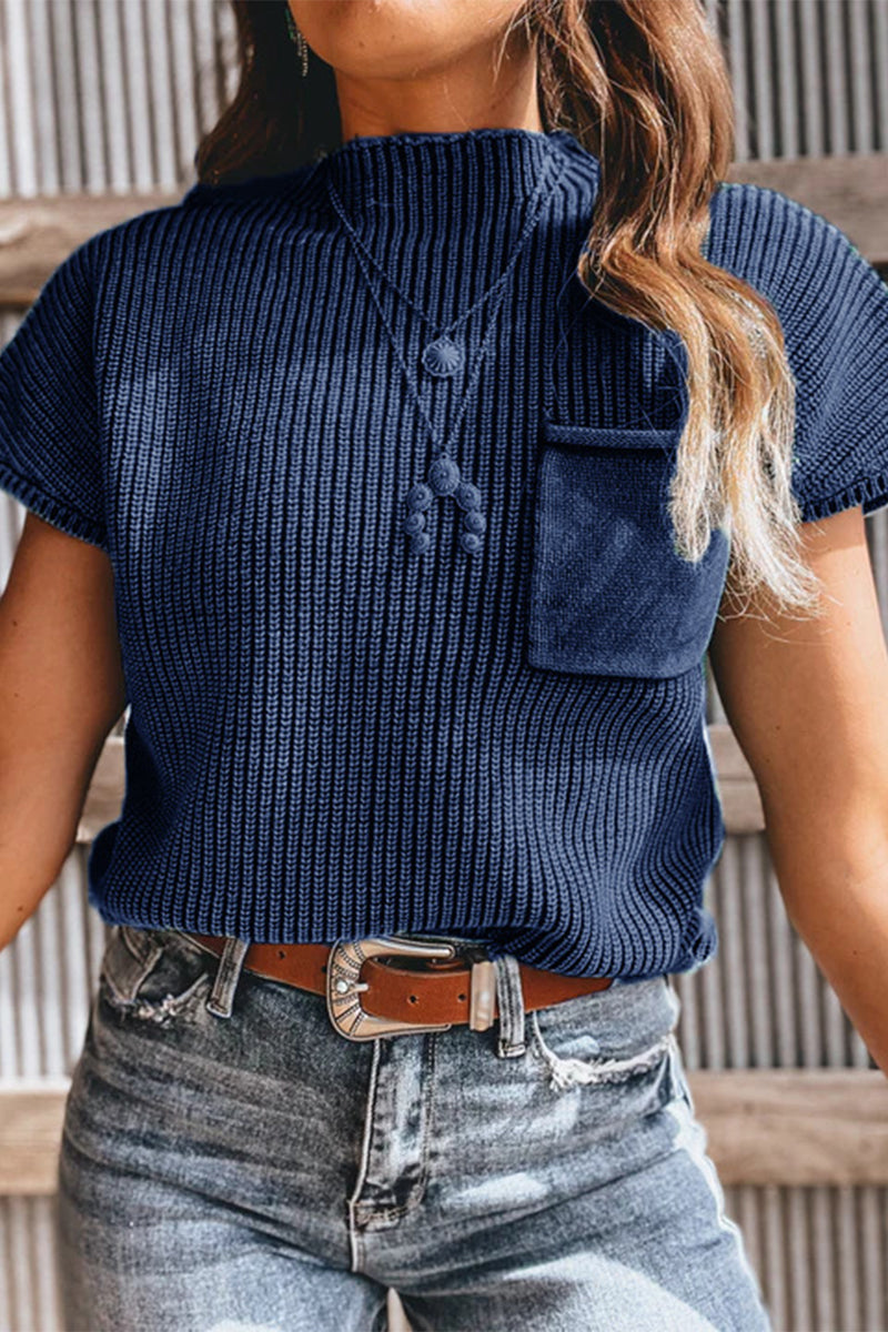Casual Solid Color Pocket Half A Turtleneck Tops