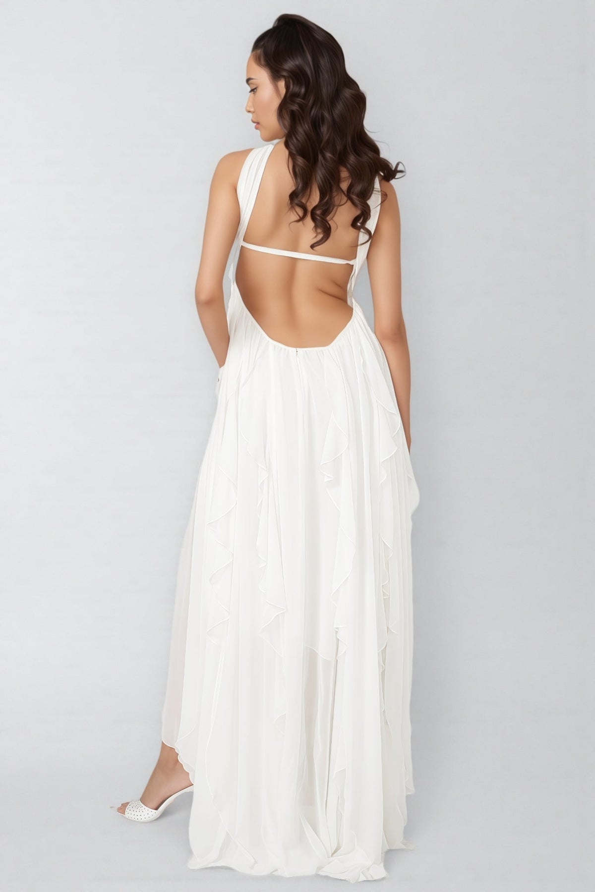 Flowy White Irregular Ruffle Maxi Dress