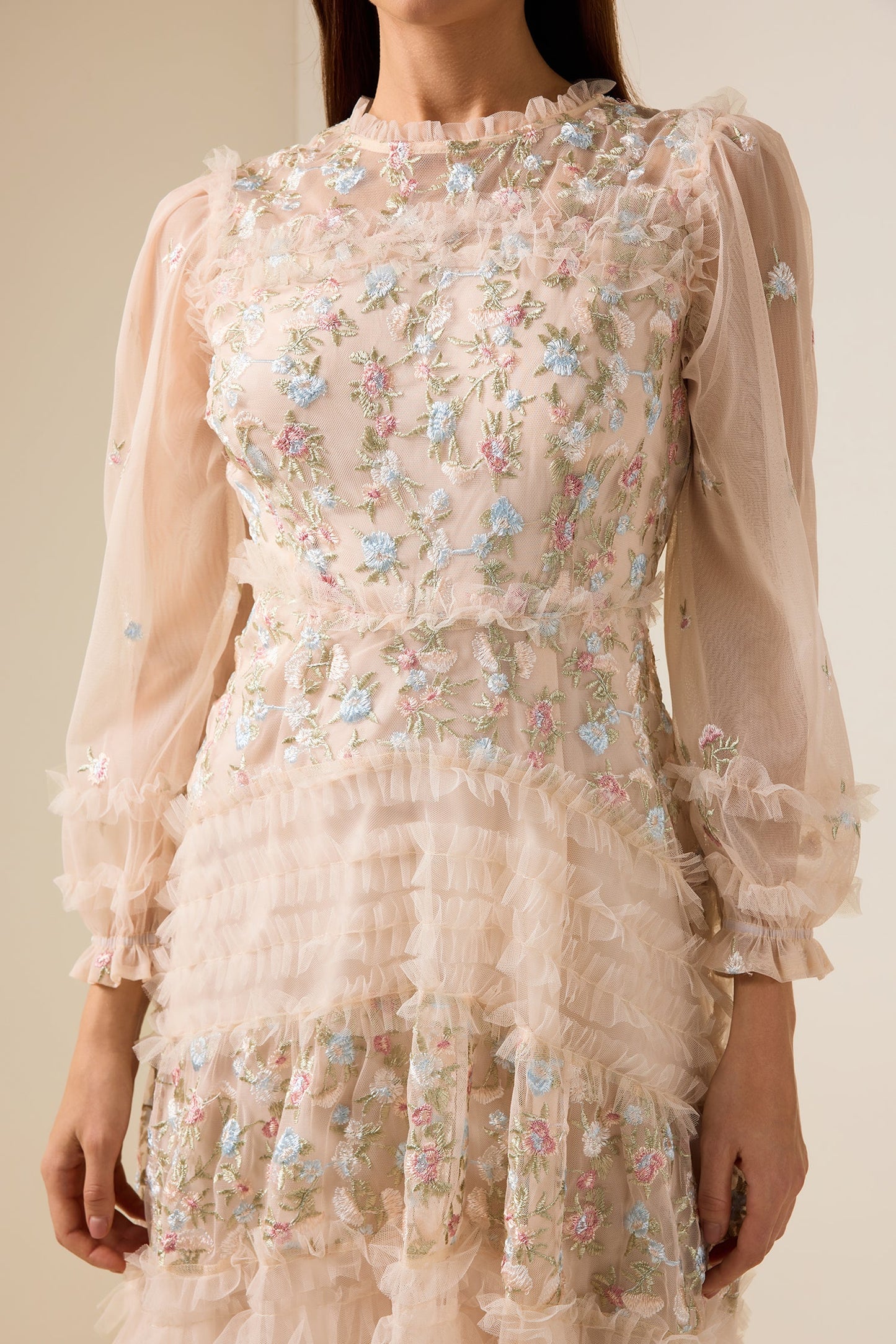 Mesh Embroidered Frill Midi Dress