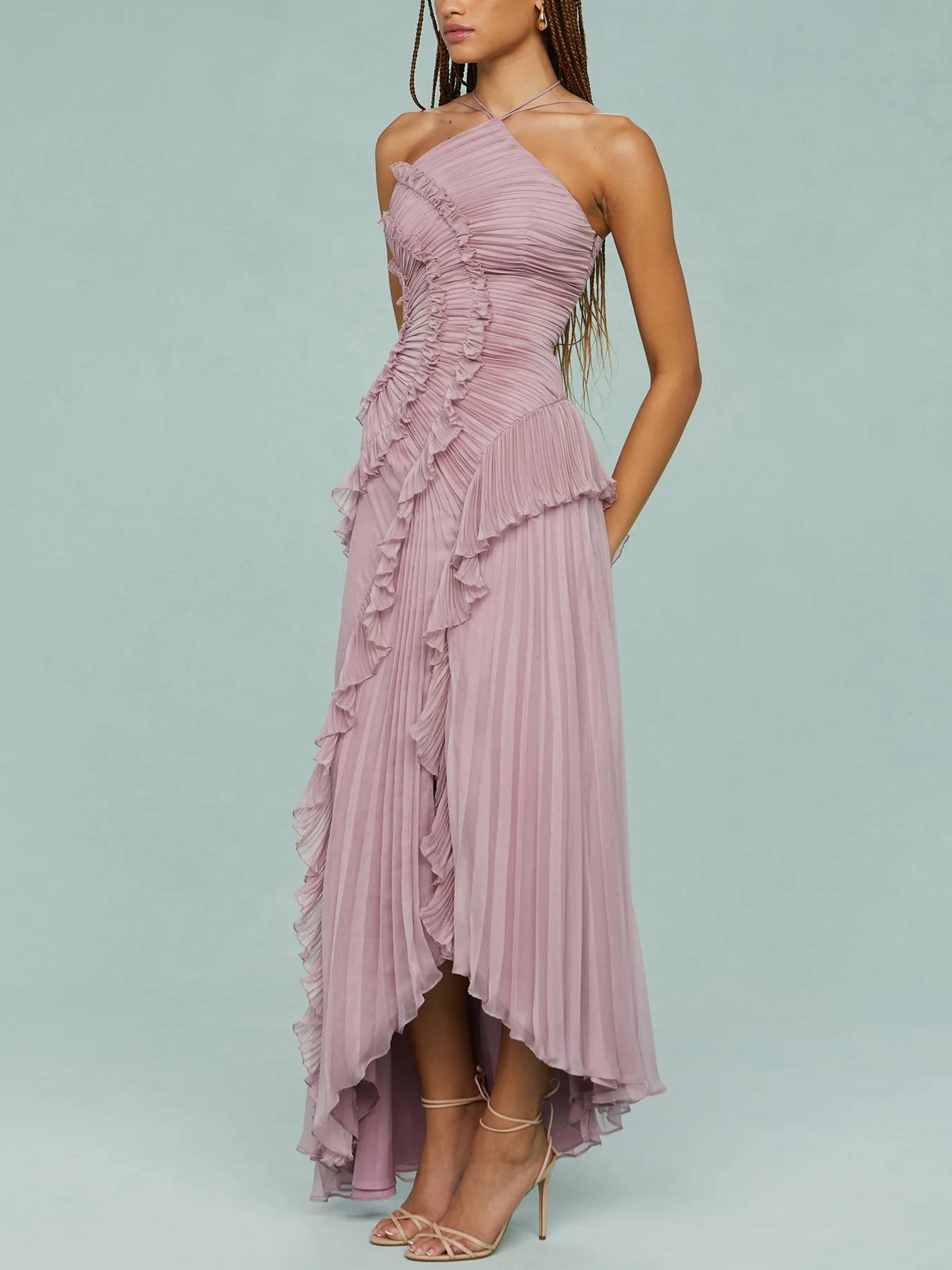 Halter Neck Pleated Backless Dress