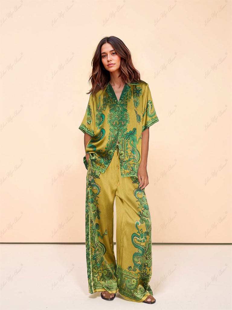 Exquisite Satin Unique Floral Print Wide Leg Pants