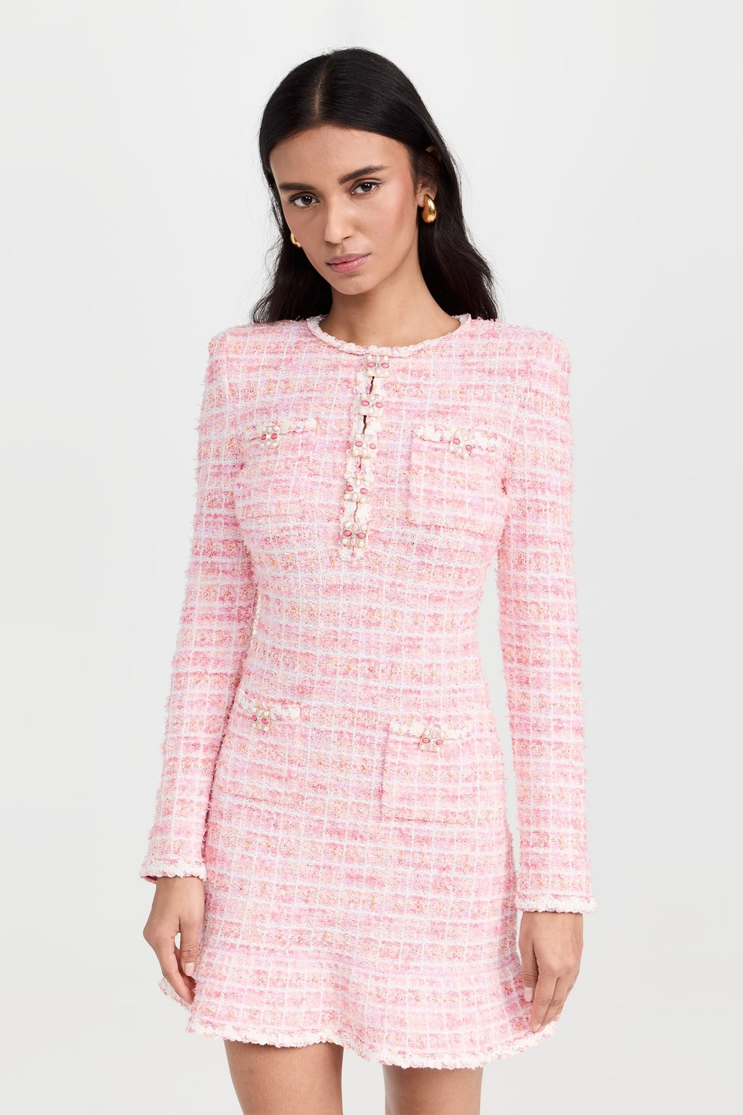 Knit Round Neck Checks Mini Dress