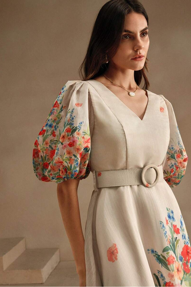 Floral V-Neck Midi Dress With Belt