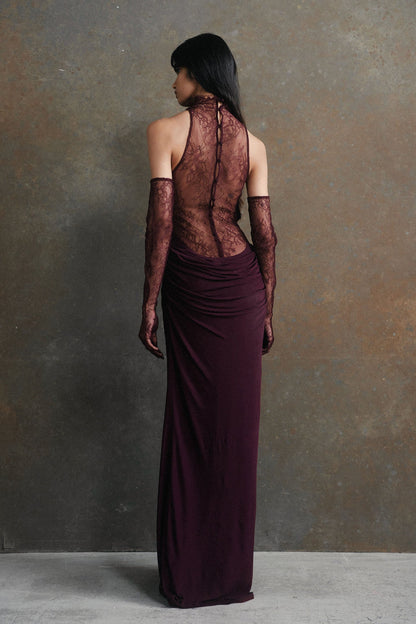 Evelyn Plunging Cowl Lace Bodice Maxi Dress