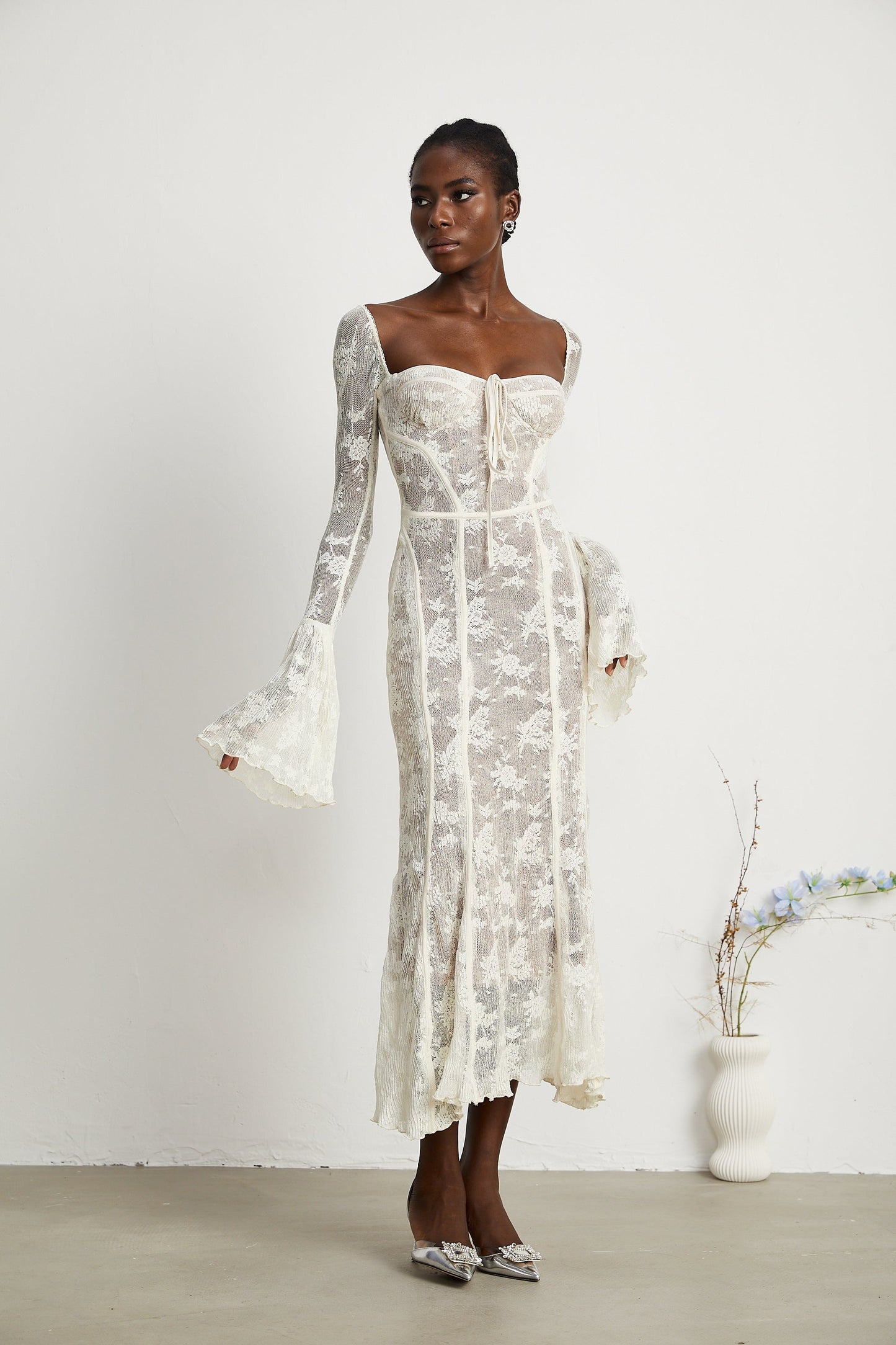 Marlene White Flared Lace Maxi Dress