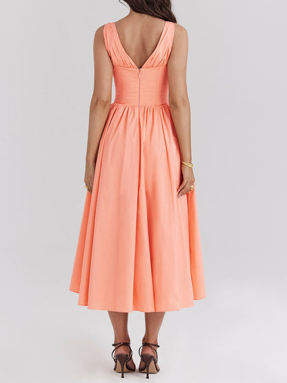 Retro Palace Style Deep V-Neck Midi Dress