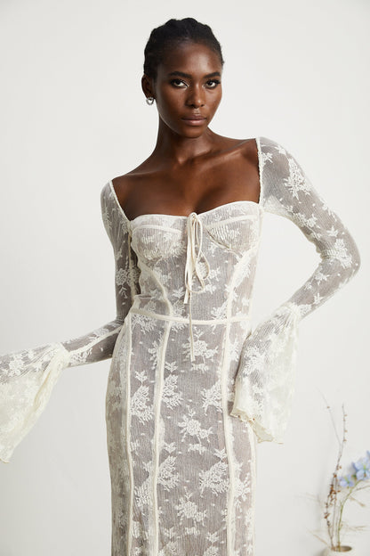 Marlene White Flared Lace Maxi Dress