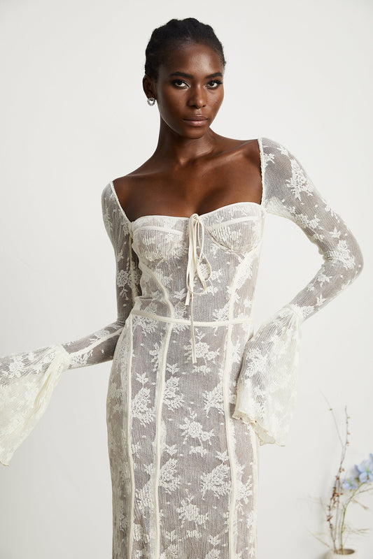 Marlene White Flared Lace Maxi Dress