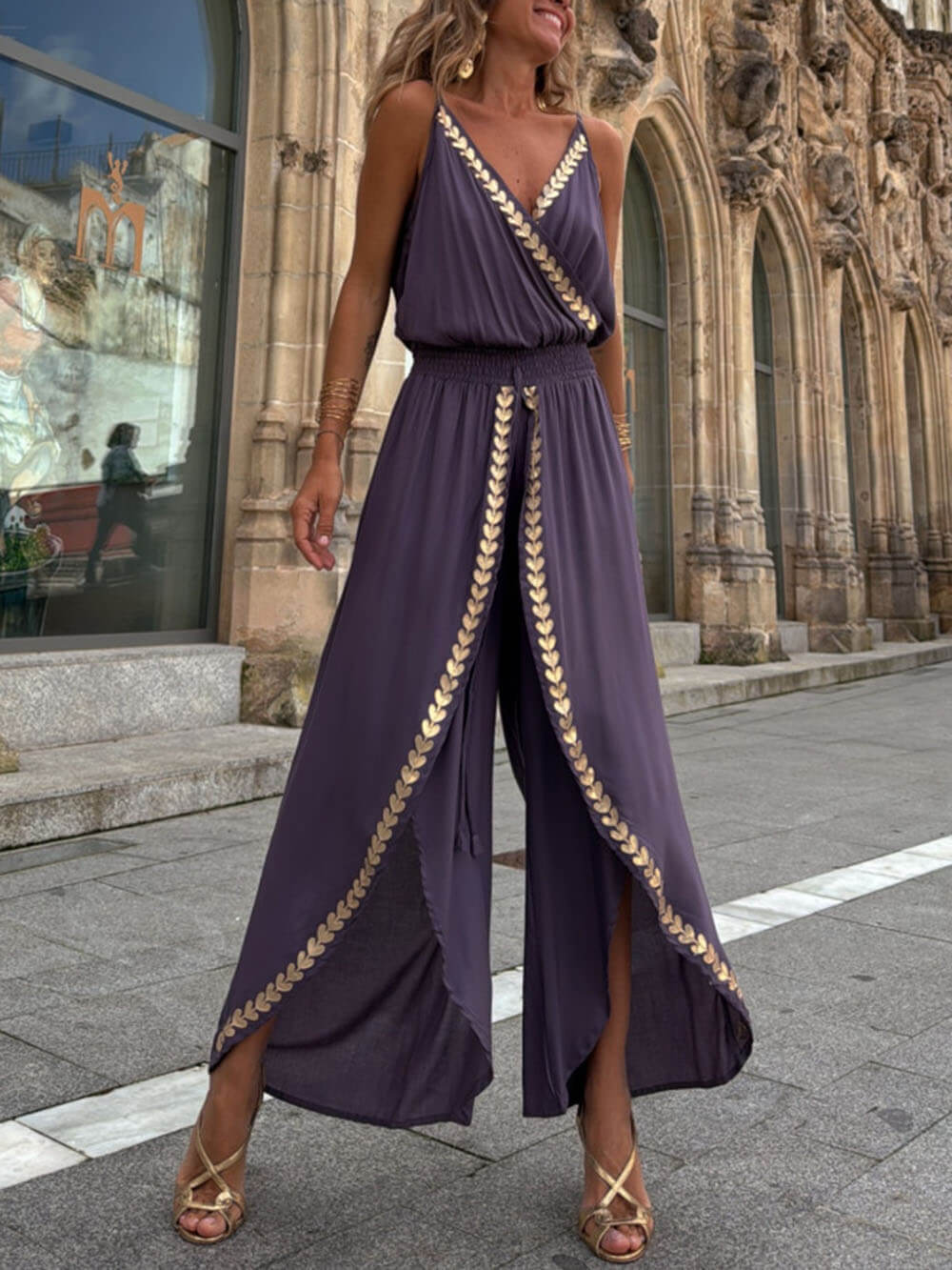 Unique Gold Trim Cross-Neck Elastic Waist Drawstring Slit Jumpsuit