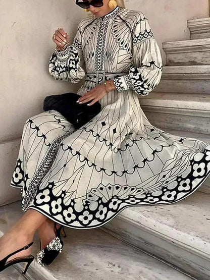 Vintage Casual Lantern Sleeve Floral Print Midi Dress