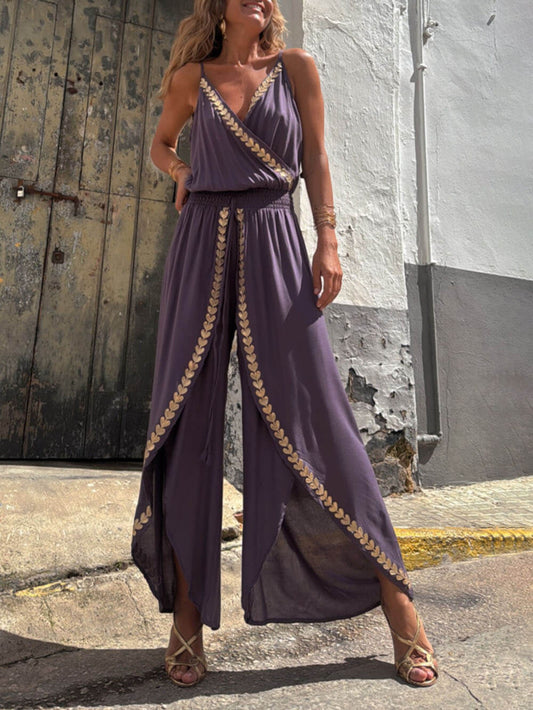 Unique Gold Trim Cross-Neck Elastic Waist Drawstring Slit Jumpsuit