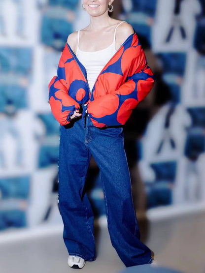 OverSize Style Stand Collar Bomber Jacket Printed Coat