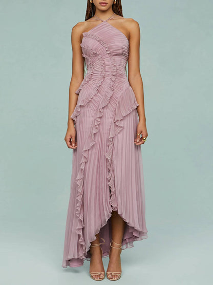 Halter Neck Pleated Backless Dress