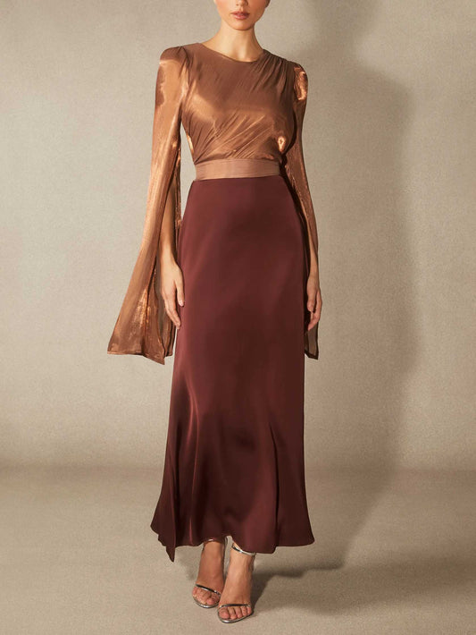Elegant Satin Cape-Sleeve Maxi Dress