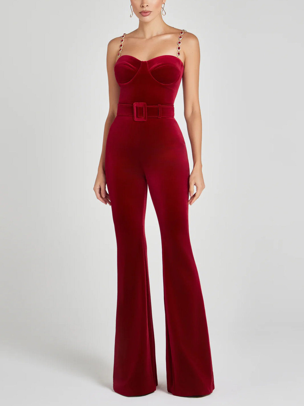 Elegant Velvet Crystal Suspender Red Jumpsuit