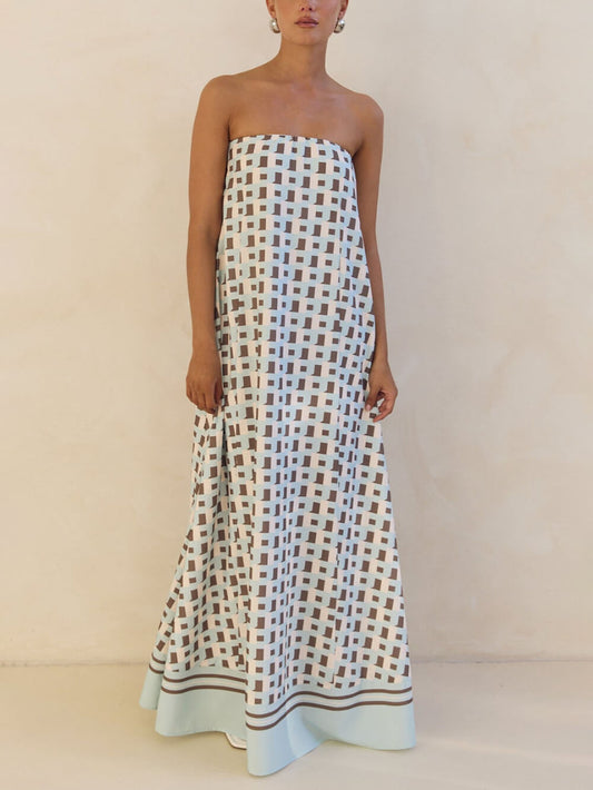 Exclusive Geometric Print Off-Shoulder A-Line Maxi Dress
