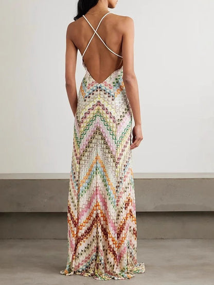 Unique Knit Colorful Herringbone Open Back Maxi Dress