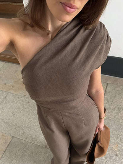 Elegant Asymmetrical One-Shoulder Ruched Jumpsuit