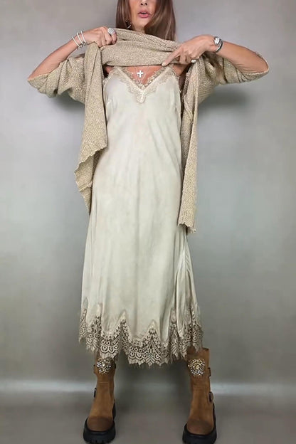 Fashion Lace-Trimmed Spaghetti Strap Casual Midi Dress