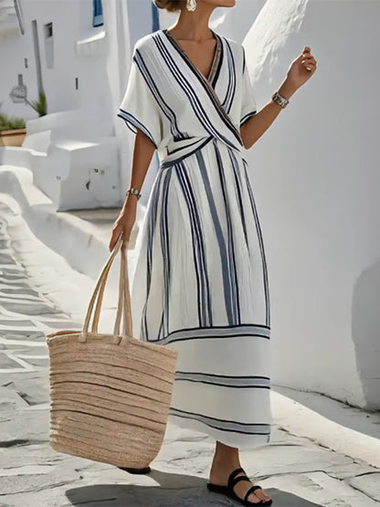 Casual Holiday V-neck Striped Print Maxi Dress