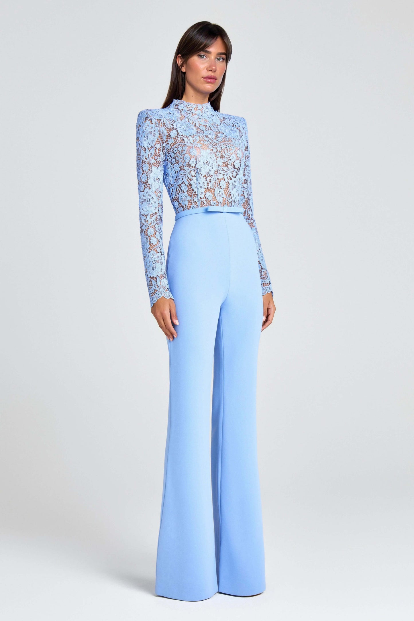 Elegant Party Charmer Flower Lace Patchwork Long Sleeve Bow Belted Flare Jumpsuit