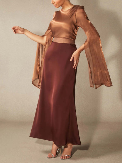 Elegant Satin Cape-Sleeve Maxi Dress