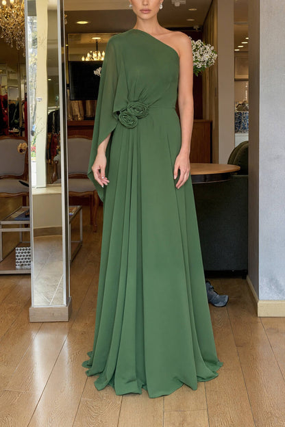 Elegant One-Shoulder Chiffon Flowy Party Maxi Dress