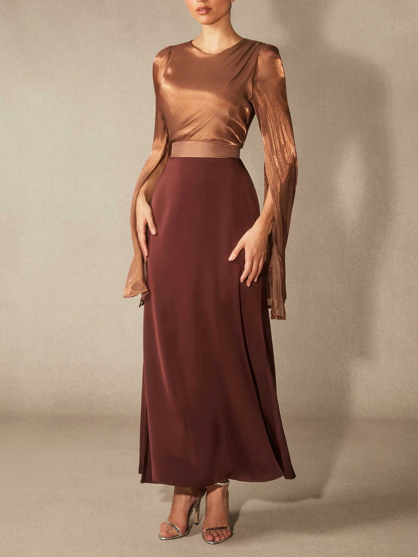 Elegant Satin Cape-Sleeve Maxi Dress