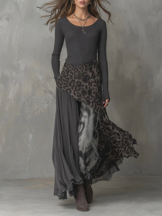 Casual Leopard Print Patchwork Irregular Hem Maxi Dress