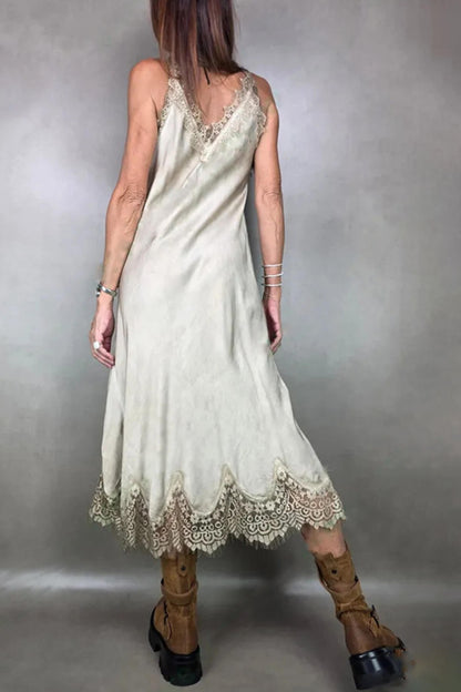 Fashion Lace-Trimmed Spaghetti Strap Casual Midi Dress