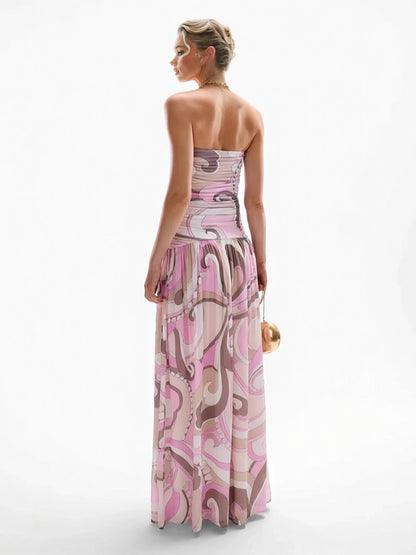 Elegant Swirl Vintage Print Drop Waist Maxi Dress