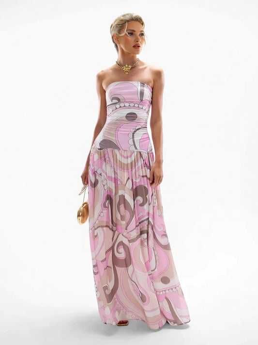 Elegant Swirl Vintage Print Drop Waist Maxi Dress