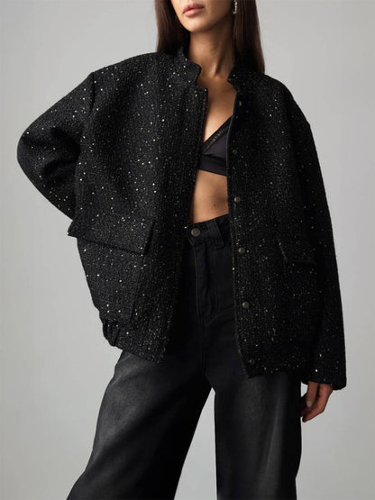 Gold Sequin Stand Collar Loose Jacket
