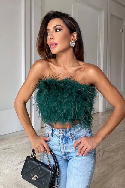 Fancy Strapless Feather Crop Top