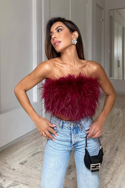 Fancy Strapless Feather Crop Top