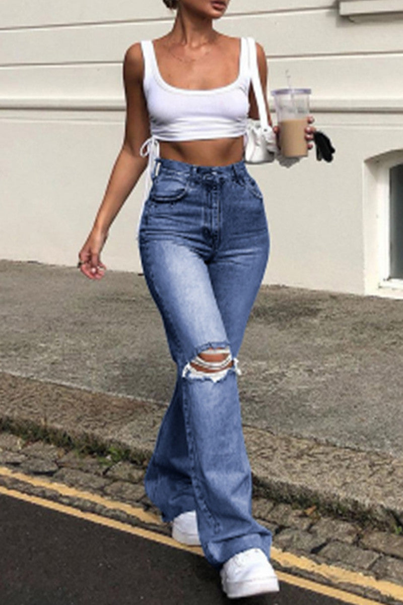 Fashion Casual Solid Ripped High Waist Straight Jeans(3 Colors)