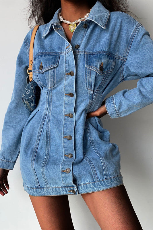 Fashion Casual Solid Patchwork Turndown Collar Long Sleeve Regular Denim Dresses