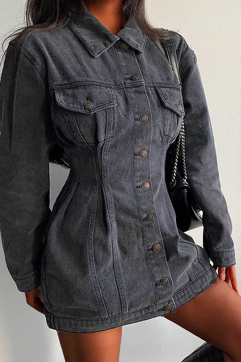 Fashion Casual Solid Patchwork Turndown Collar Long Sleeve Regular Denim Dresses