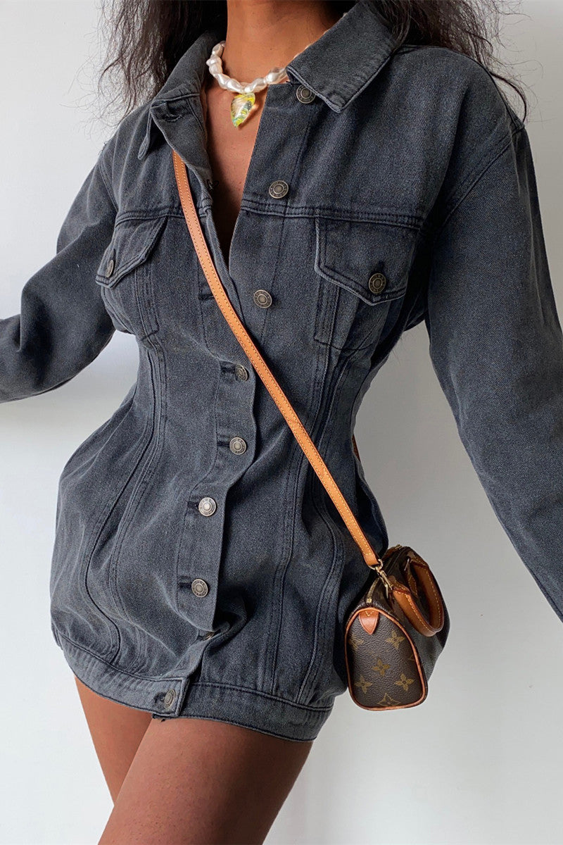 Fashion Casual Solid Patchwork Turndown Collar Long Sleeve Regular Denim Dresses