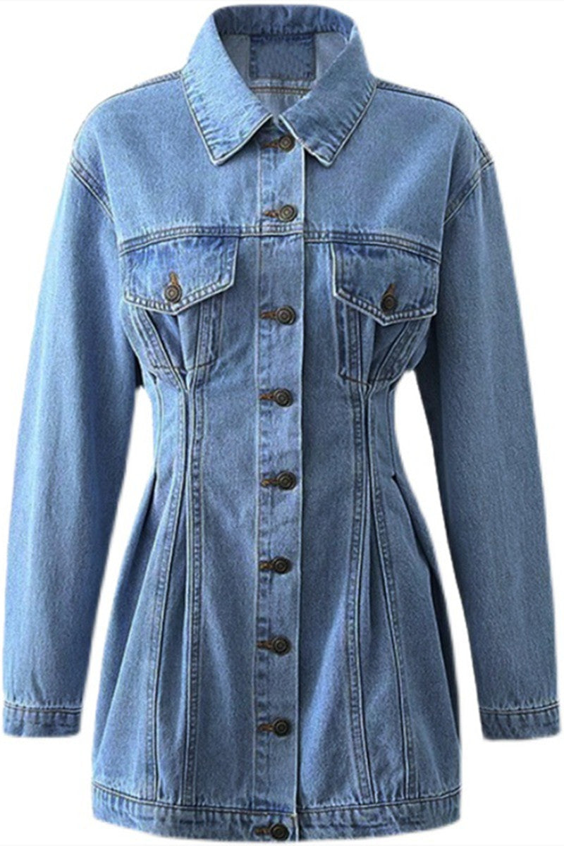 Fashion Casual Solid Patchwork Turndown Collar Long Sleeve Regular Denim Dresses