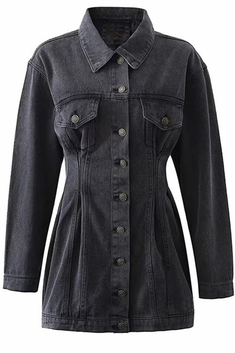 Fashion Casual Solid Patchwork Turndown Collar Long Sleeve Regular Denim Dresses