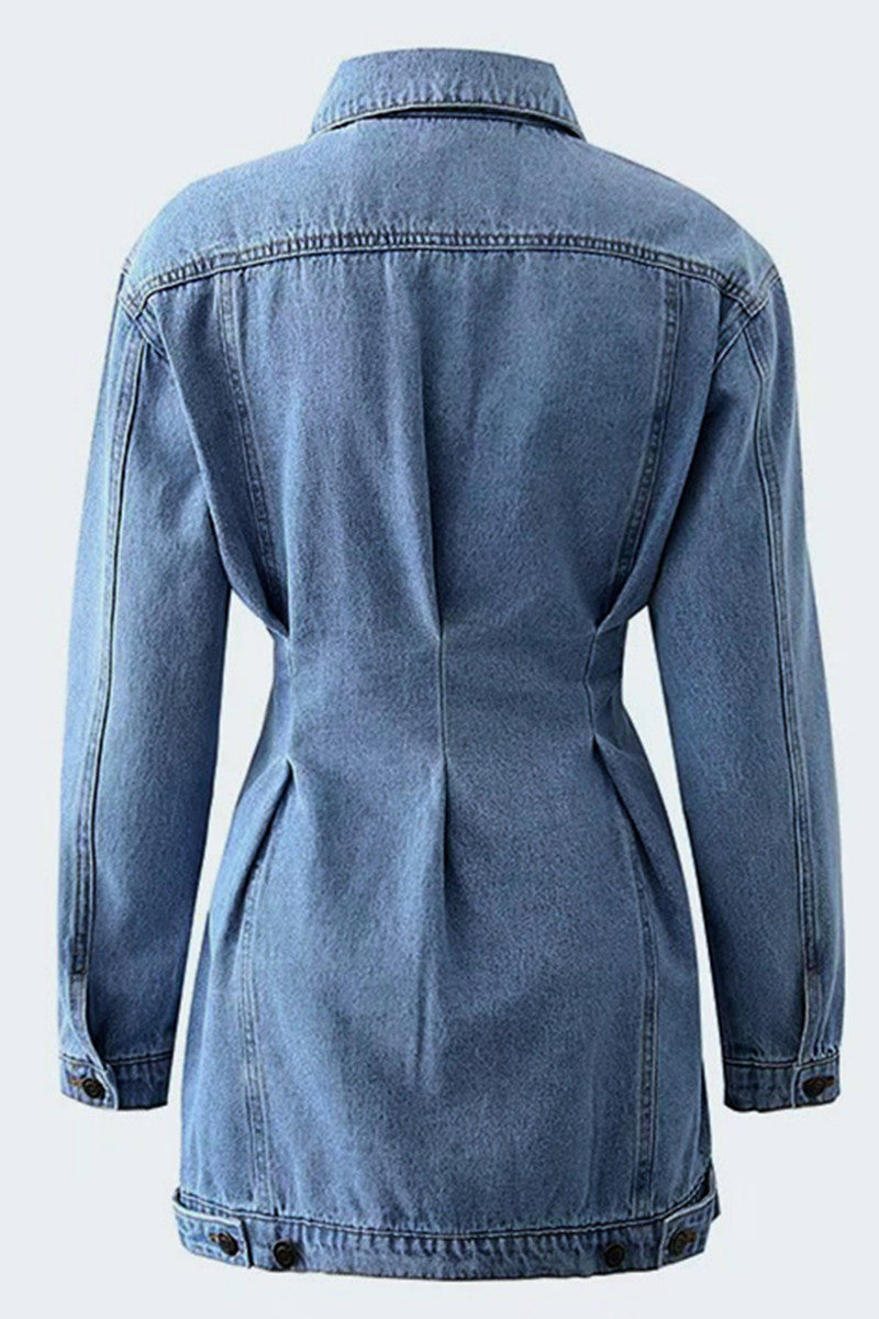 Fashion Casual Solid Patchwork Turndown Collar Long Sleeve Regular Denim Dresses