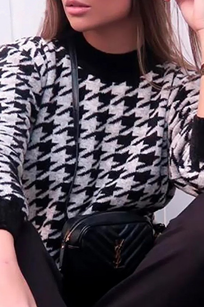 Fashion Street Geometric Patchwork Contrast O Neck Tops Sweater