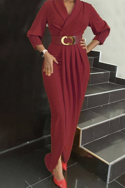 Elegant Solid Patchwork Fold With Belt V Neck Long Sleeve Plus Size Dresses(4 Colors)