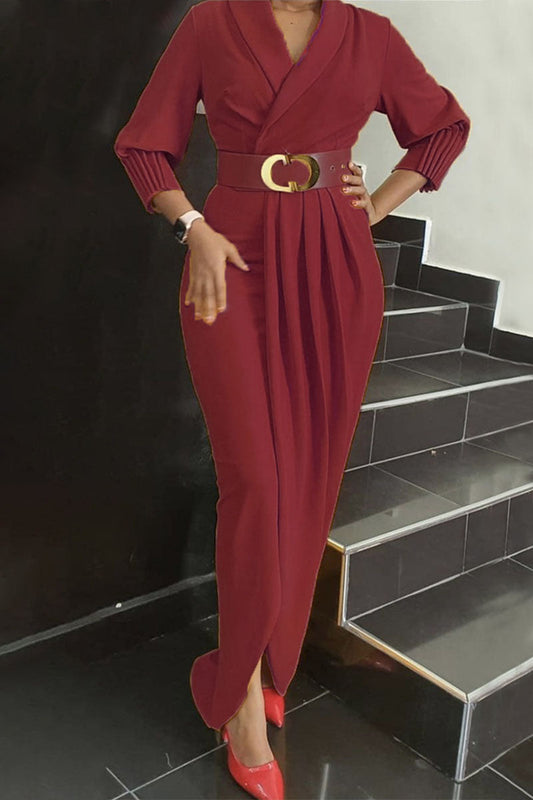 Elegant Solid Patchwork Fold With Belt V Neck Long Sleeve Plus Size Dresses(4 Colors)