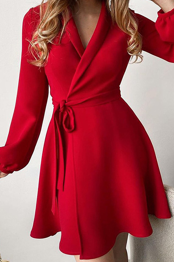 Fashion Casual Print Solid Patchwork With Belt Turndown Collar A Line Dresses(5 Colors)